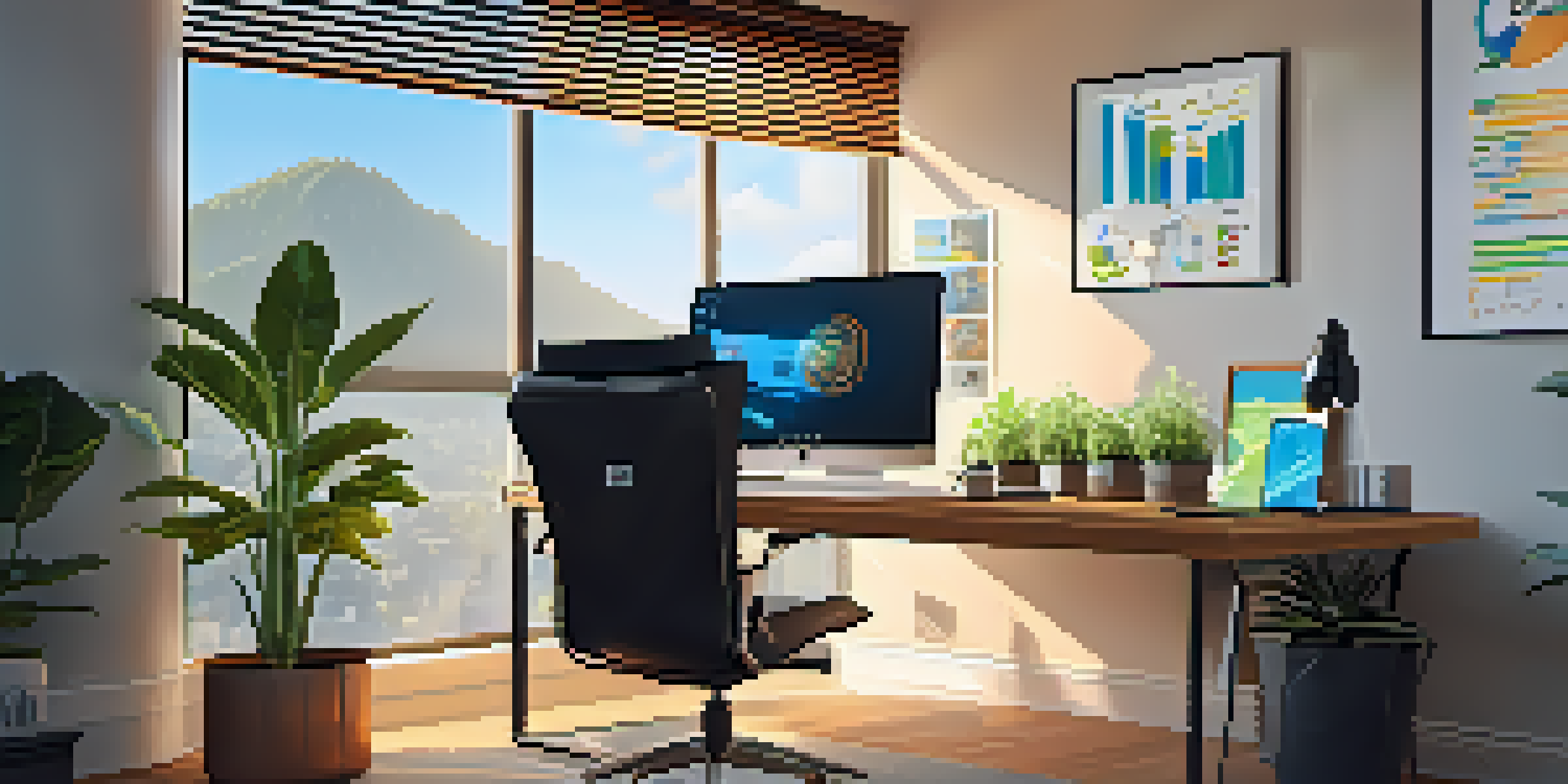 A bright home office with a laptop, plants, and sunlight streaming through a window, featuring a digital currency chart on the wall.