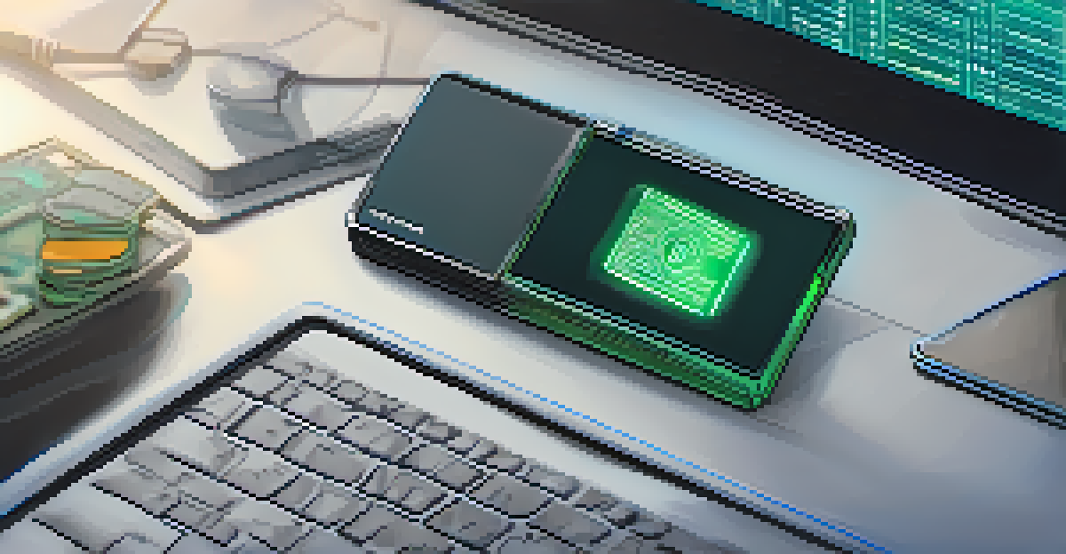 A hardware wallet on a desk with a digital Bitcoin symbol above it, surrounded by cybersecurity alerts.