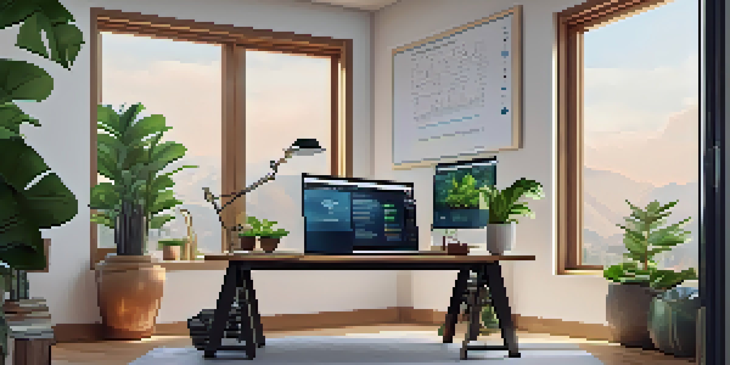 A cozy home office with a modern desk, a laptop showing cryptocurrency charts, houseplants, and warm natural light from a window.