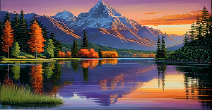 A scenic view of a lake surrounded by mountains at sunset, with colorful skies and greenery.