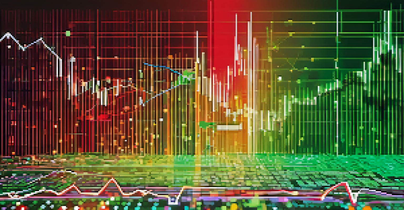 An abstract graph showing market sentiment in Bitcoin trading with green and red lines against a digital background.