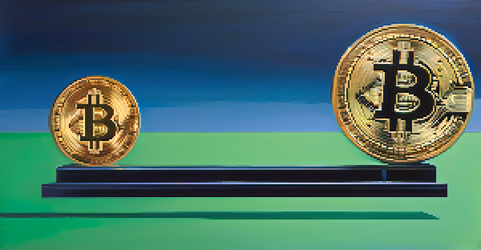 A balanced scale with a Bitcoin symbol on one side and various investments on the other, illustrating diversification in investing.