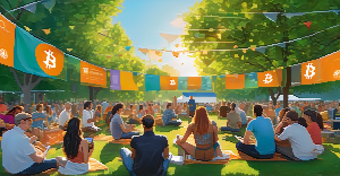 A lively outdoor Bitcoin community meetup with diverse participants discussing cryptocurrency, surrounded by colorful banners and greenery.