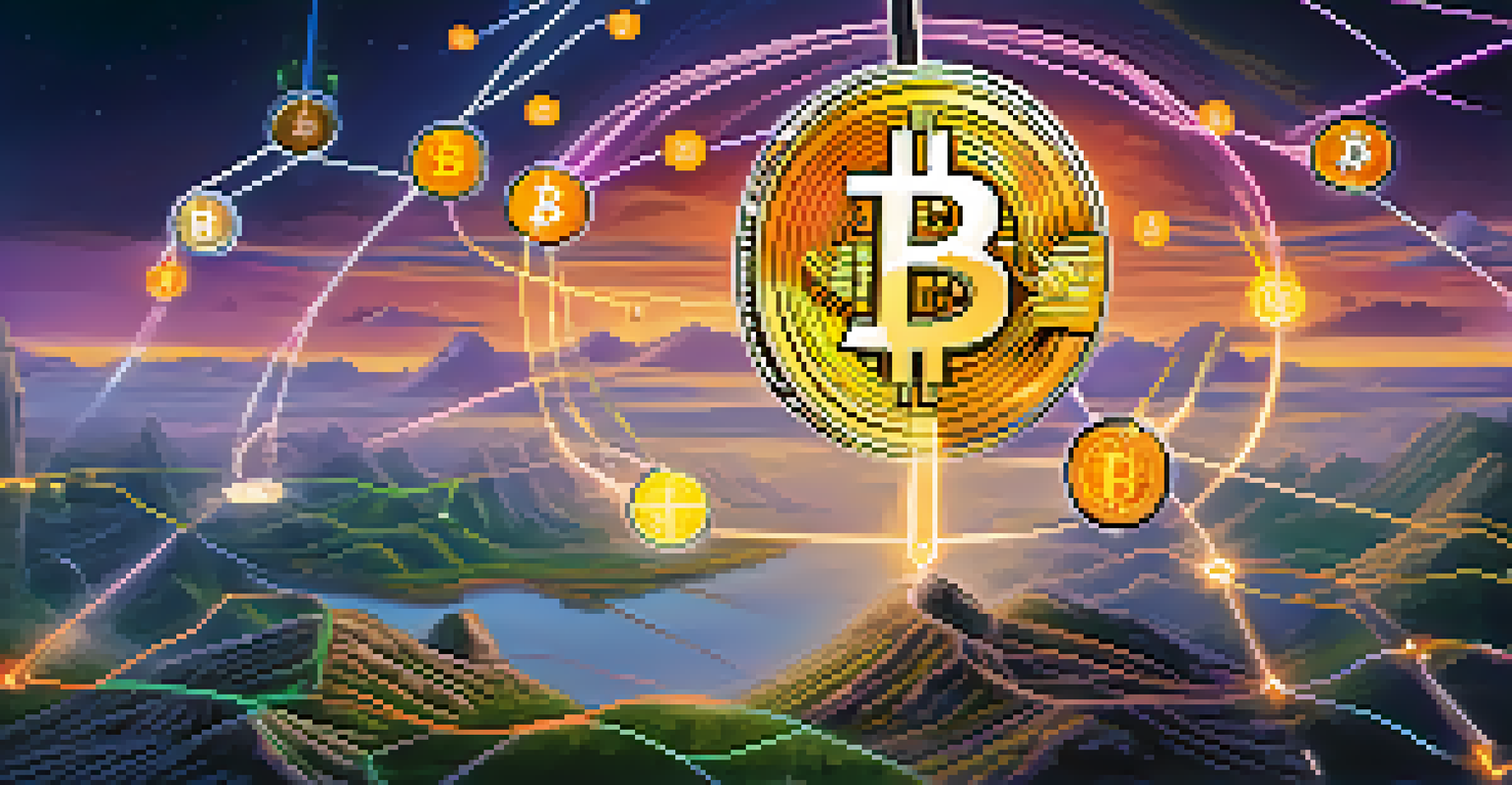 A global landscape with landmarks and glowing lines representing Bitcoin transactions, symbolizing connectivity in gaming across cultures.