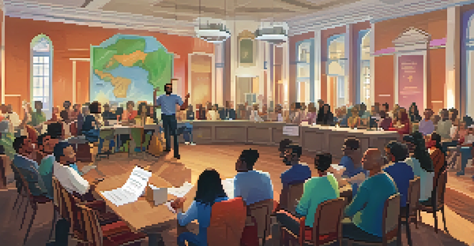 An illustration of a town hall meeting with diverse community members discussing a library proposal, featuring warm lighting and colorful posters.