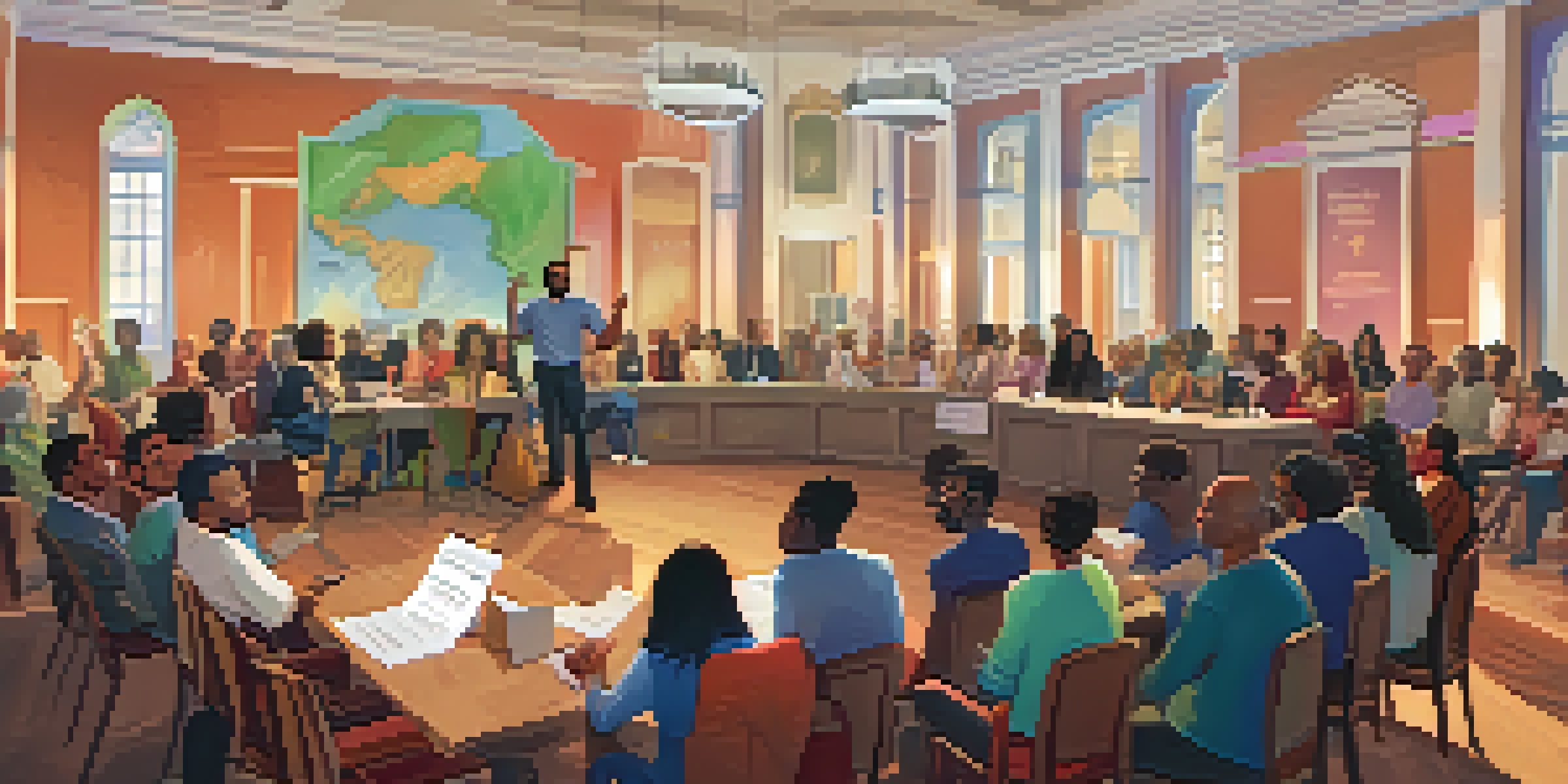 An illustration of a town hall meeting with diverse community members discussing a library proposal, featuring warm lighting and colorful posters.