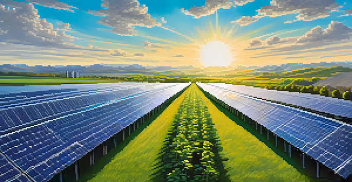 A peaceful landscape with solar panels and a Bitcoin mining facility under a clear blue sky.