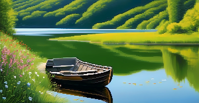 A peaceful lake surrounded by green hills and a clear sky, with a wooden boat on the water and colorful wildflowers along the shore.