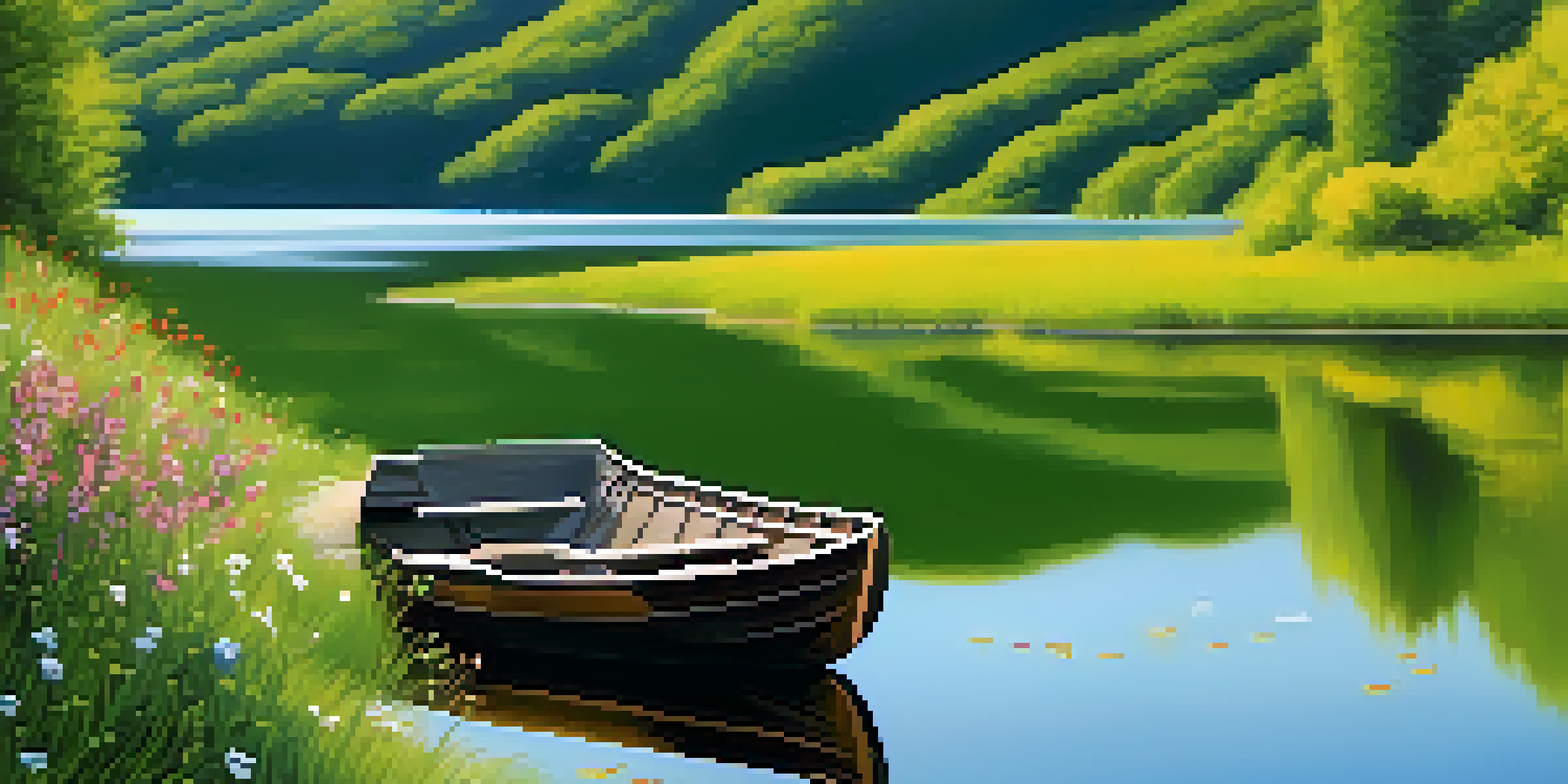 A peaceful lake surrounded by green hills and a clear sky, with a wooden boat on the water and colorful wildflowers along the shore.