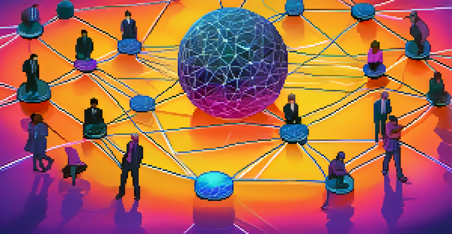 A visual representation of a blockchain network with avatars representing community members involved in Bitcoin governance, set against a futuristic background.