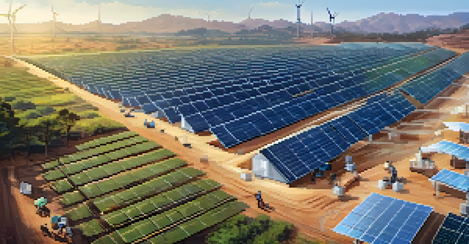 Miners working in a Bitcoin mining facility powered by renewable energy, with solar panels and wind turbines in the background.