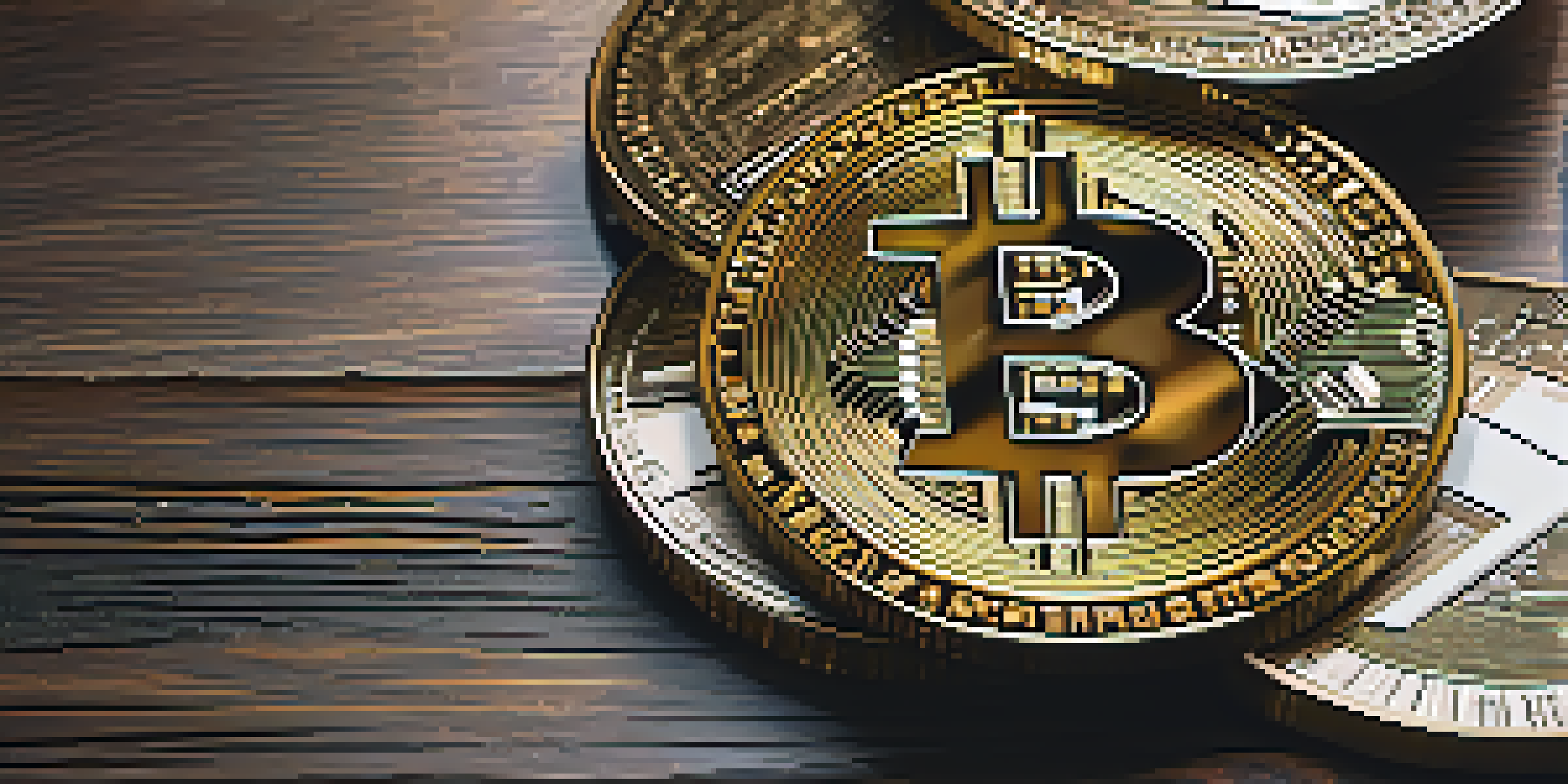 A Bitcoin coin on a wooden table with dollar bills blurred in the background, representing the contrast between cryptocurrency and traditional currency.