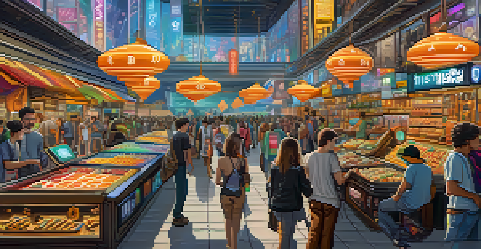 A virtual marketplace where gamers use Bitcoin to buy in-game items, filled with colorful graphics and avatars.