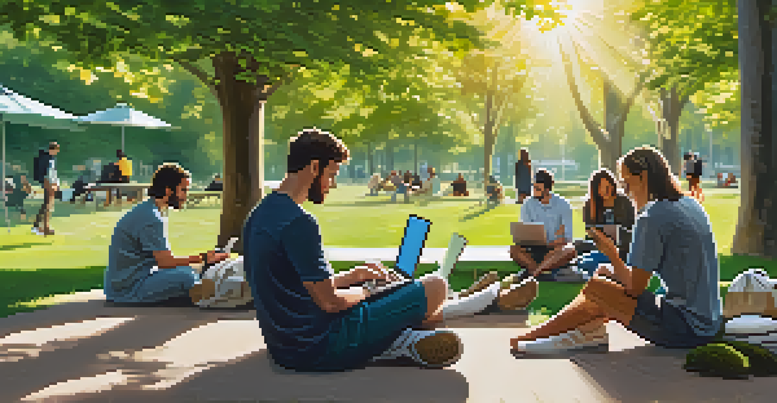 A group of individuals collaborating on Bitcoin community votes in a sunny park, surrounded by trees and nature.