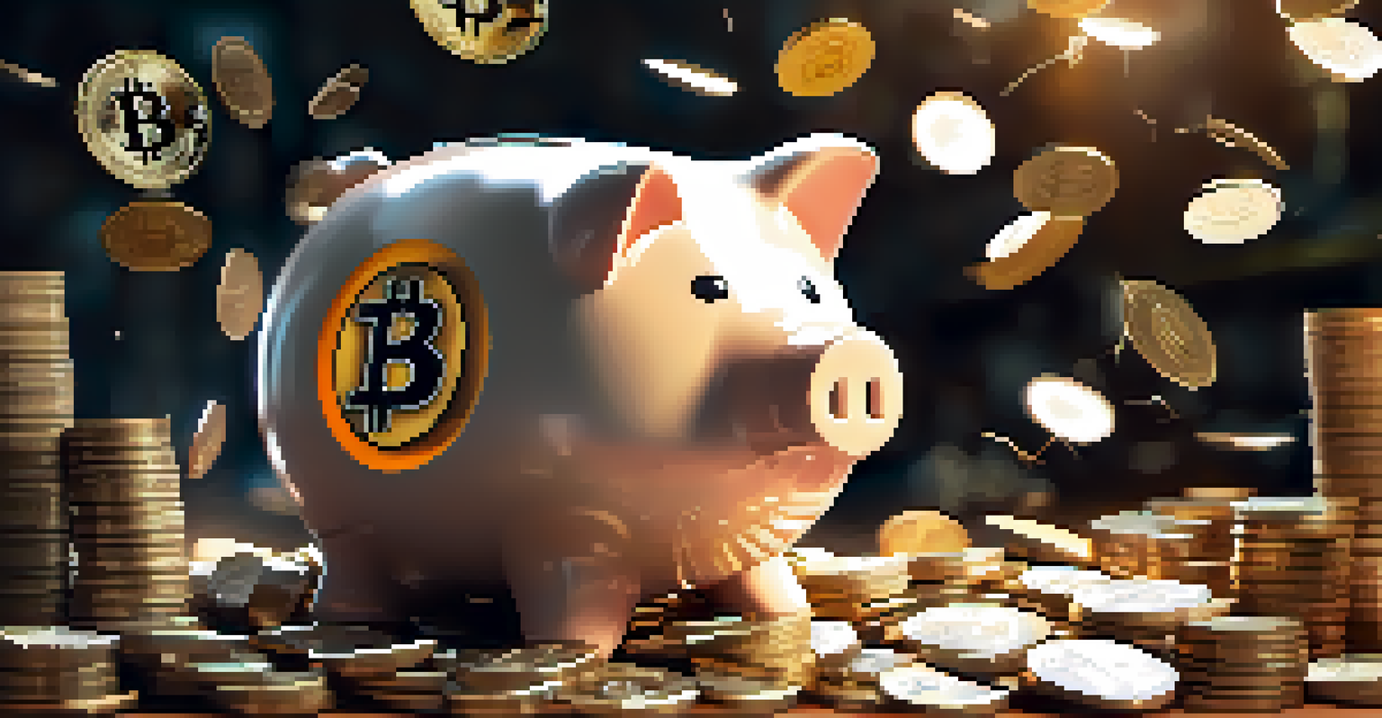 A Bitcoin symbol emerging from a broken piggy bank with coins and financial documents around it.