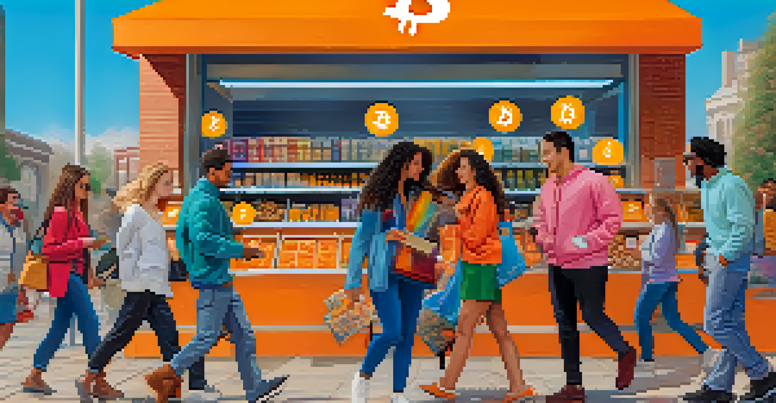 A diverse group of shoppers using Bitcoin for transactions, showcasing acceptance of digital currencies in a vibrant environment.