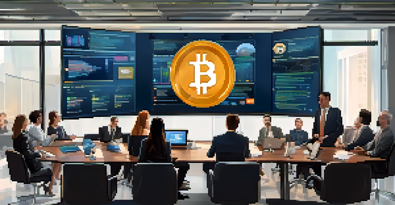 A group of professionals in an office discussing Bitcoin strategies, with a presentation on a screen and modern devices around them.