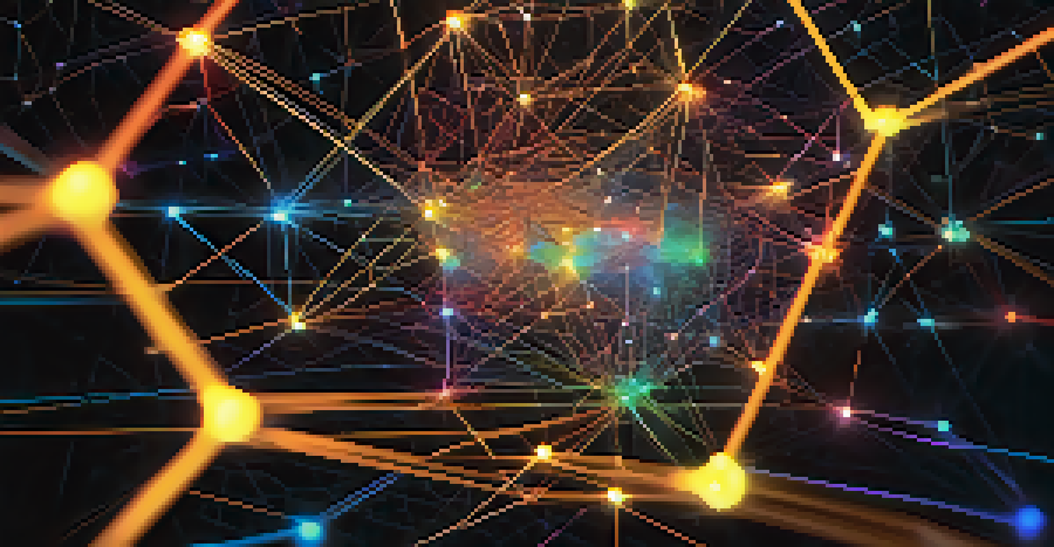 Close-up view of a blockchain network with interconnected nodes and colorful lights.