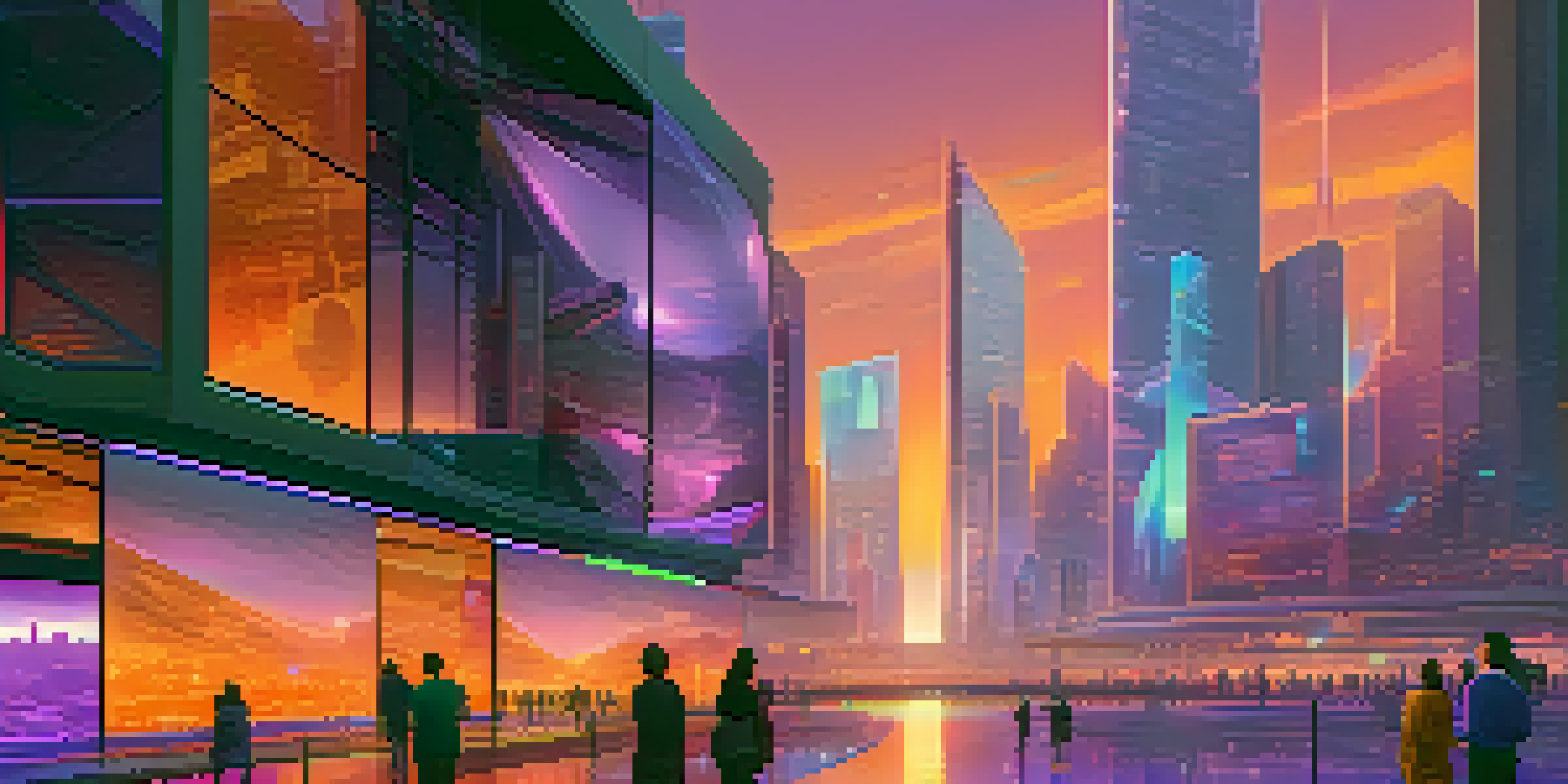 A futuristic city skyline at sunset with vibrant colors, featuring a digital art gallery displaying holographic NFTs and people engaging with the artworks.