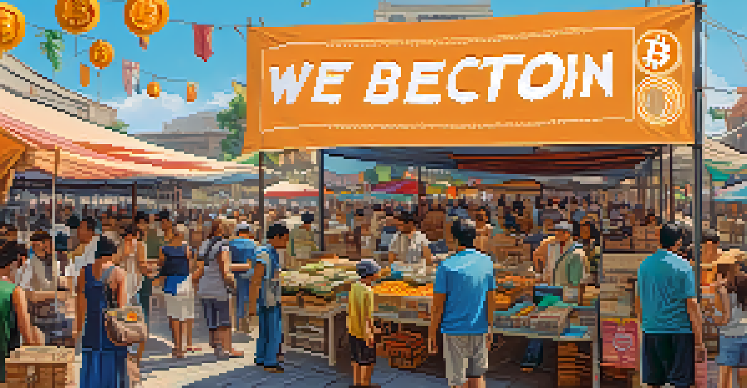 A vibrant marketplace with vendors accepting Bitcoin payments, featuring colorful stalls and a banner saying 'We Accept Bitcoin'.