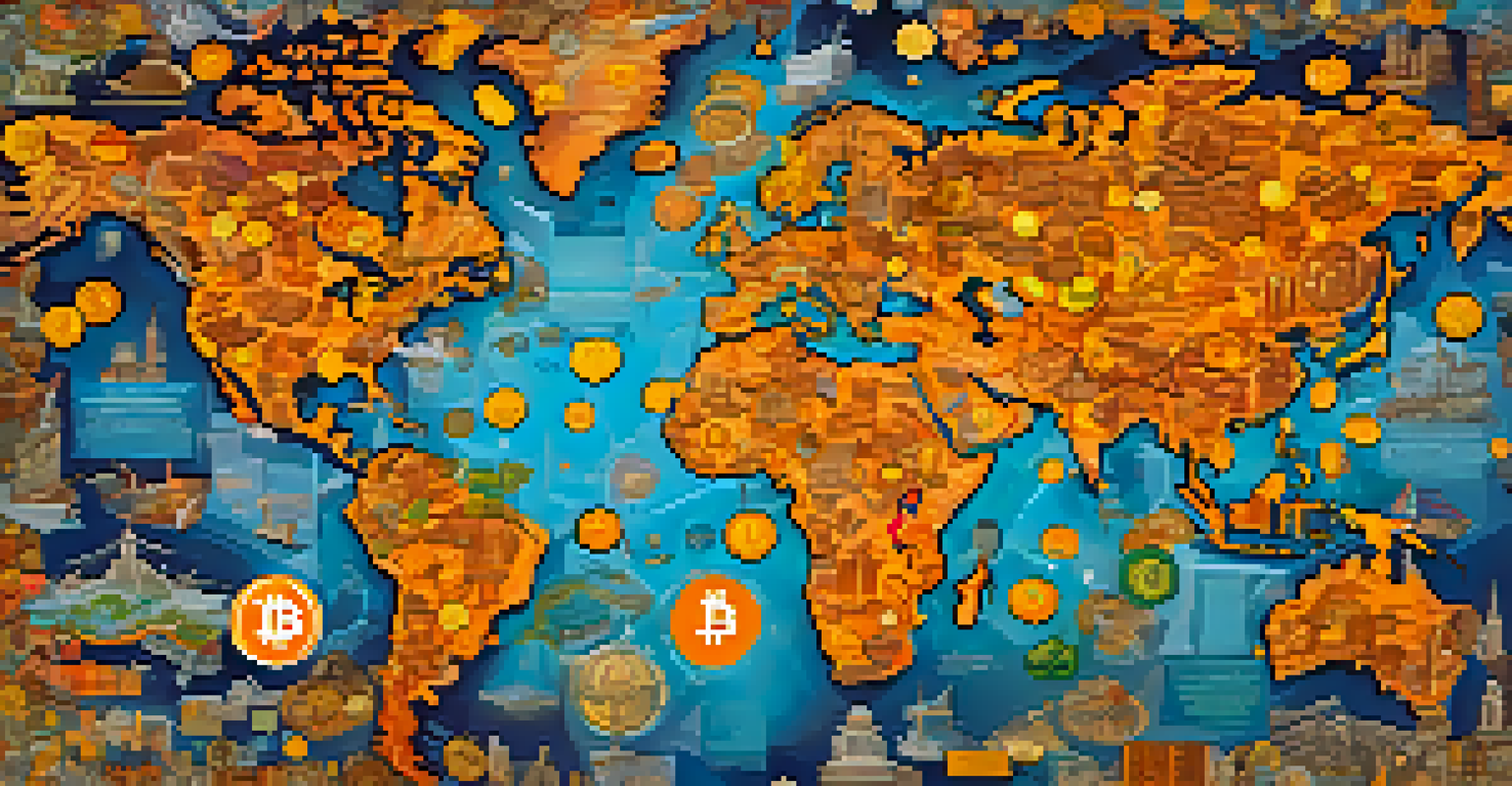 An abstract world map showing the diverse regulatory environments for Bitcoin with currency and law symbols.