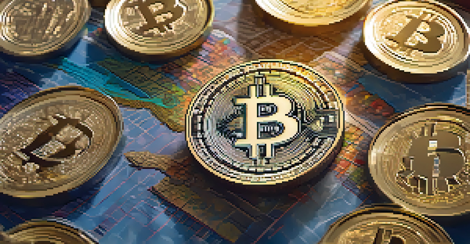 A golden Bitcoin coin surrounded by traditional currencies against a stock market graph backdrop.