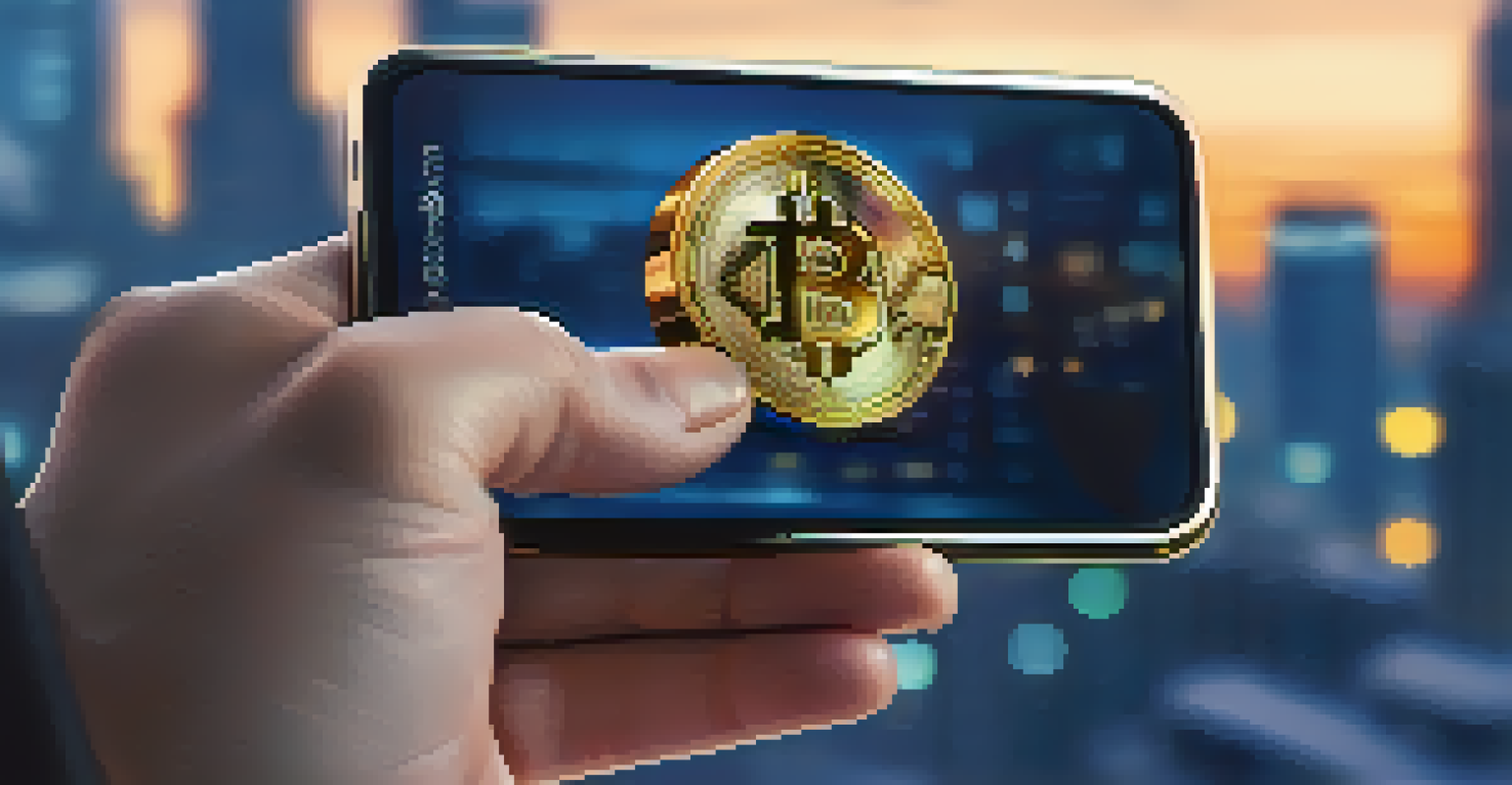 A close-up of a hand holding a smartphone showing a Bitcoin wallet, with a city skyline in the background.