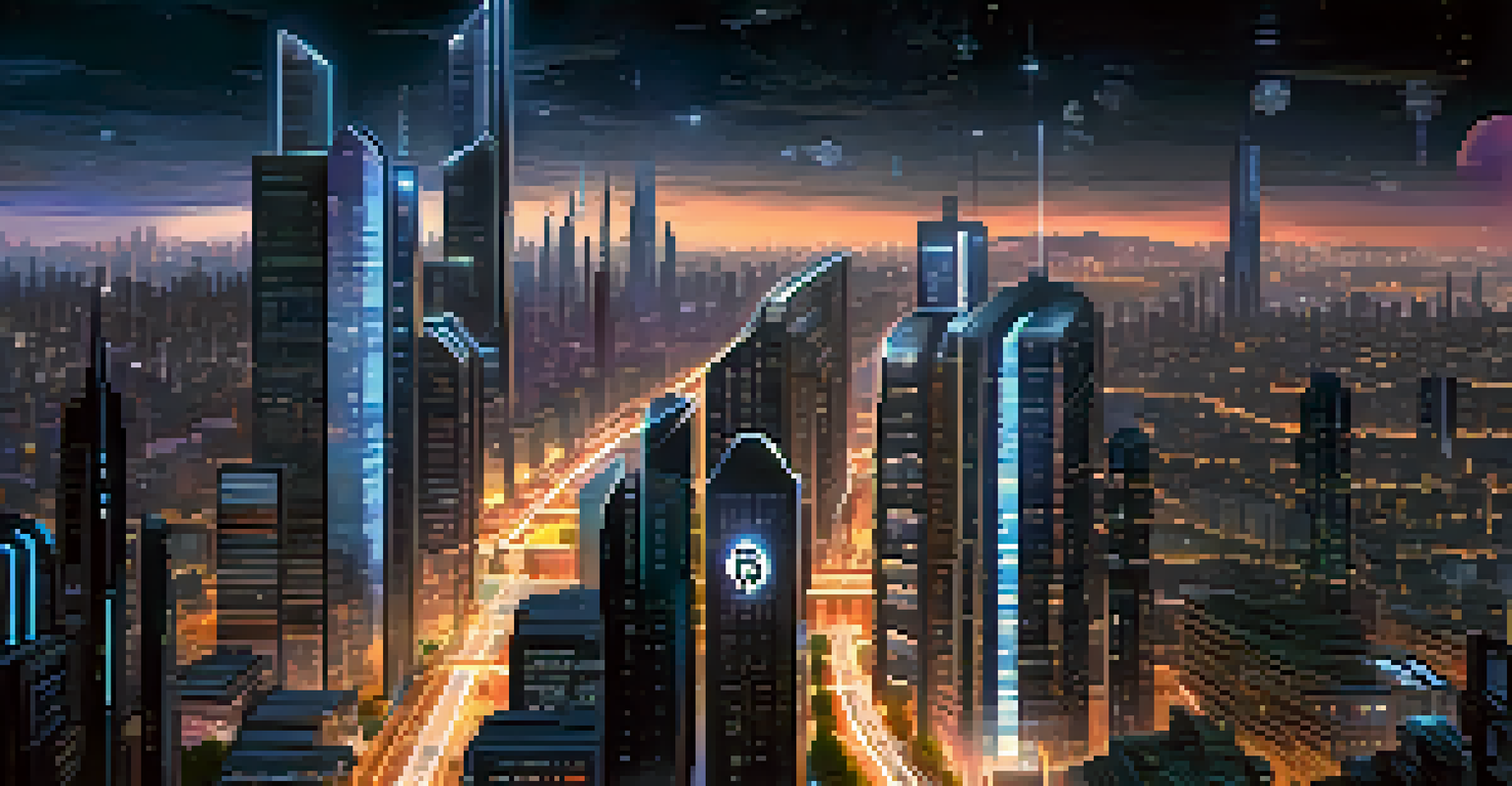 A modern city skyline at night showcasing digital screens with Bitcoin prices, symbolizing innovation and technology.