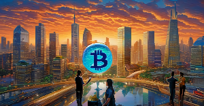 A digital art representation of the Bitcoin symbol with a globe and diverse people using smartphones, set against a city skyline at dusk.