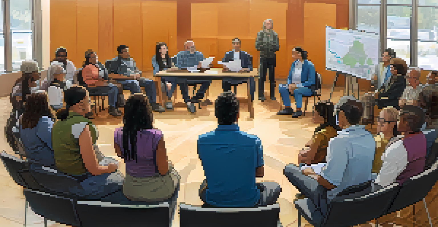 A town hall meeting with community members discussing Bitcoin mining, featuring diverse participants and a whiteboard.