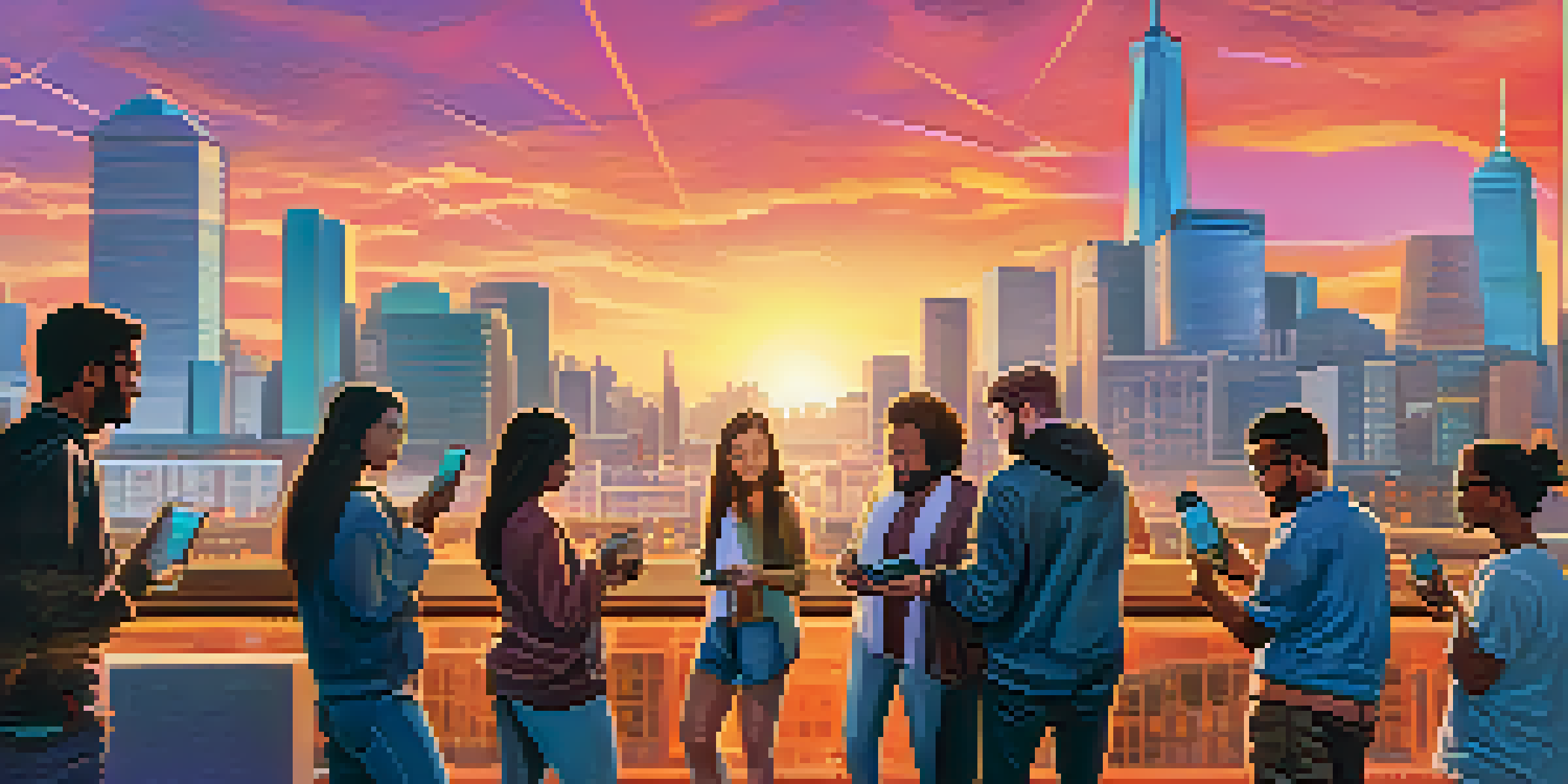 A diverse group of people using smartphones for Bitcoin transactions with a city skyline in the background.