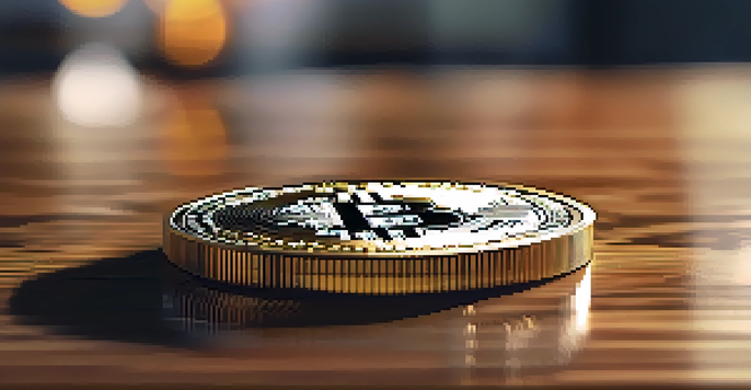 A close-up image of a shiny Bitcoin coin on a wooden table illuminated by sunlight, with intricate engravings visible.