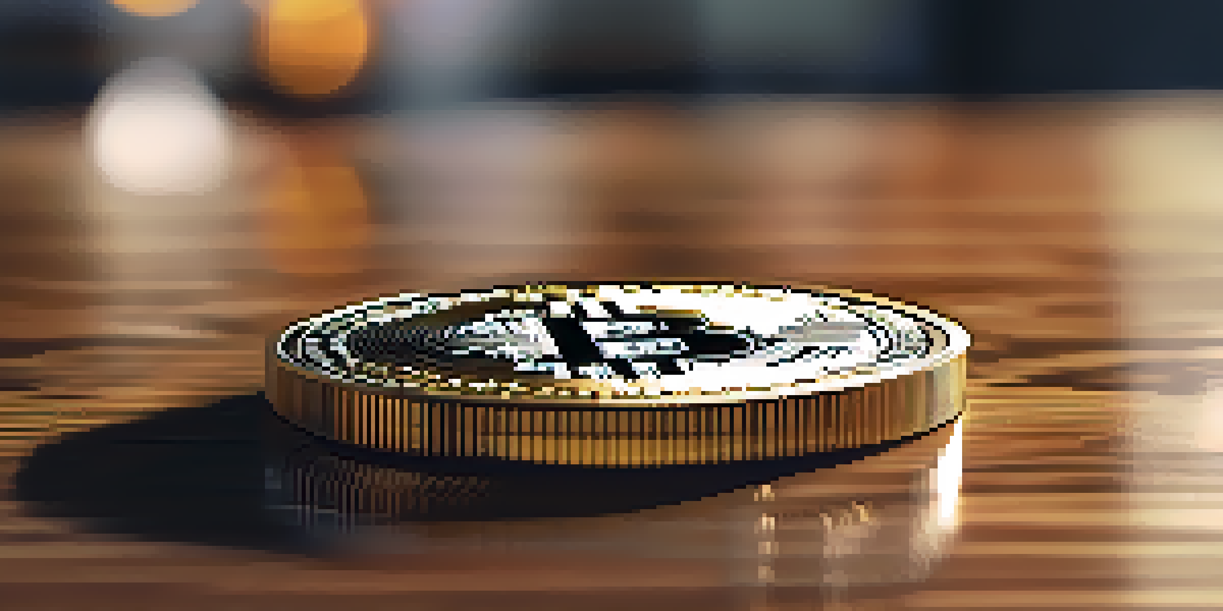 A close-up image of a shiny Bitcoin coin on a wooden table illuminated by sunlight, with intricate engravings visible.