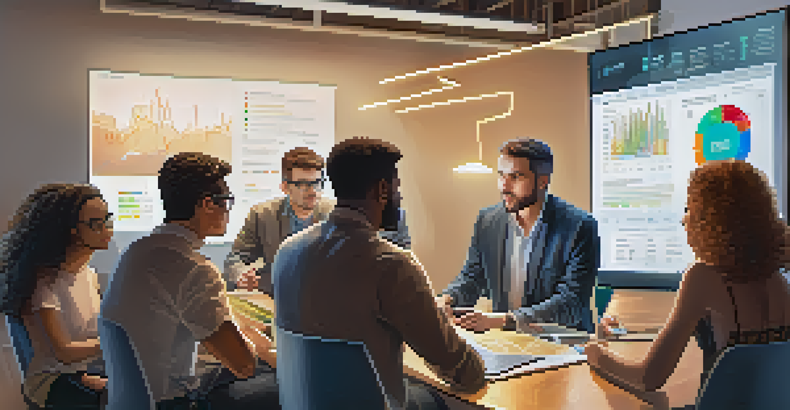 A diverse group of people discussing cryptocurrency at a modern table, with charts on a laptop.