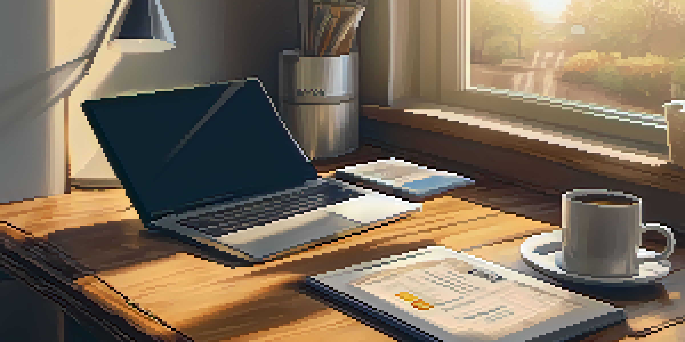A cozy digital workspace with a laptop showing the Bitcoin logo, a cup of coffee, and a notepad on a wooden desk illuminated by sunlight.