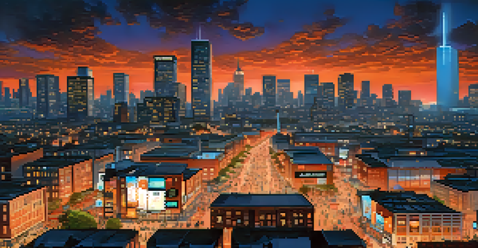 A city skyline at dusk with illuminated buildings and a group of people discussing Bitcoin, holding smartphones.