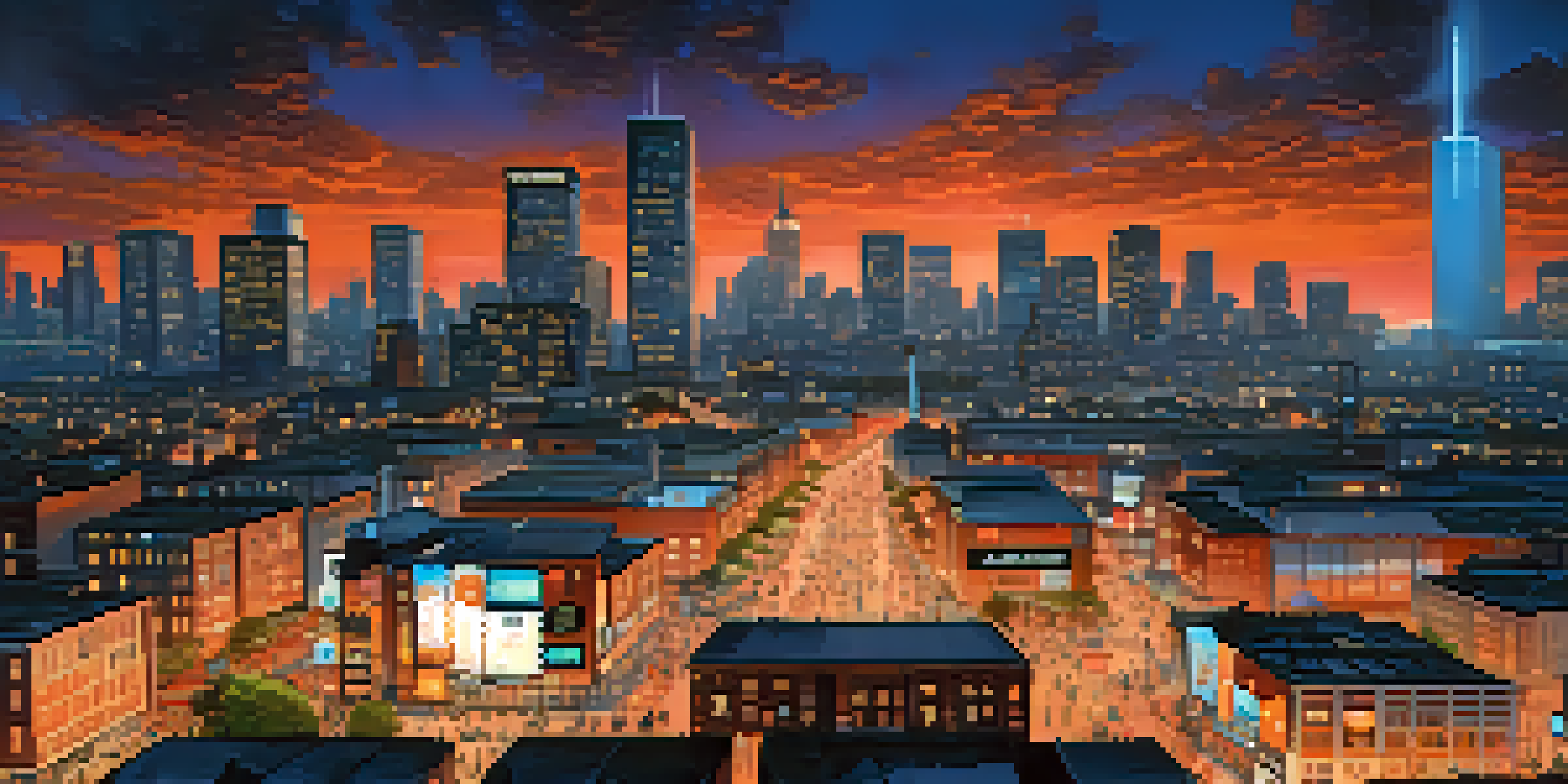 A city skyline at dusk with illuminated buildings and a group of people discussing Bitcoin, holding smartphones.