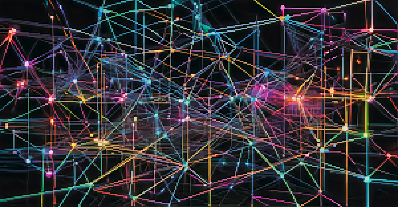An abstract representation of blockchain technology with interconnected nodes in neon colors.