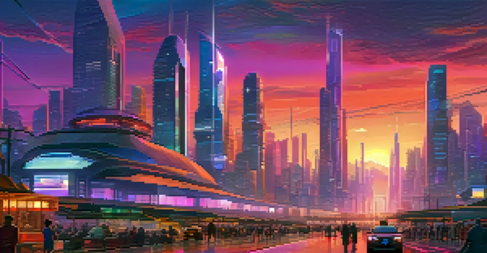 A futuristic city skyline at sunset with glowing skyscrapers and a bustling street filled with people and electric vehicles.