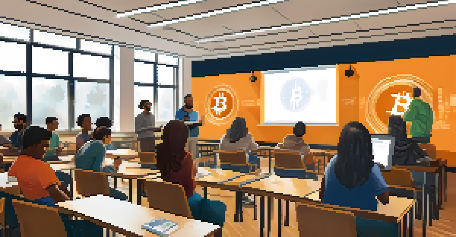 A workshop classroom with adults learning about Bitcoin, with an instructor presenting on a projector.