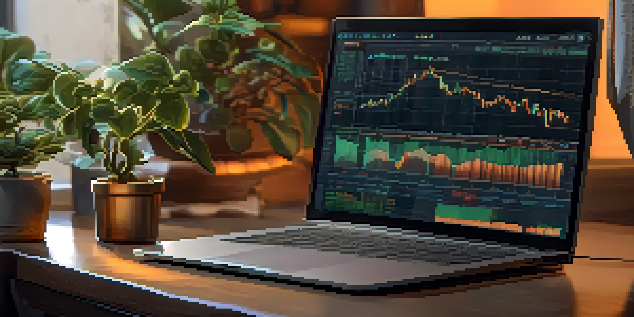 A trader's hand over a keyboard with a Bitcoin trading interface on the screen, warm lighting and a plant in the background.