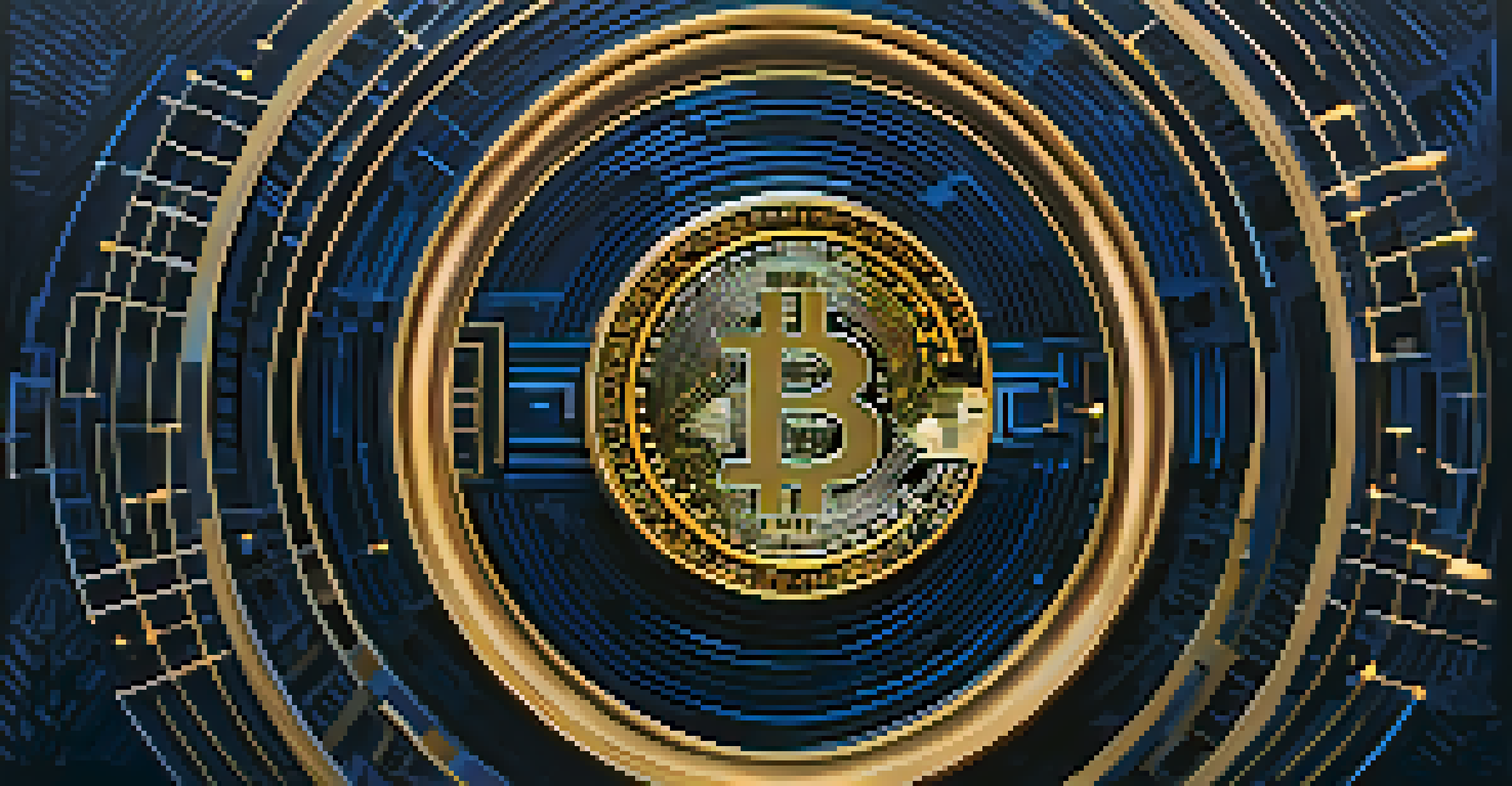 A glowing Bitcoin coin against a dark digital background, representing the concept of digital currency.