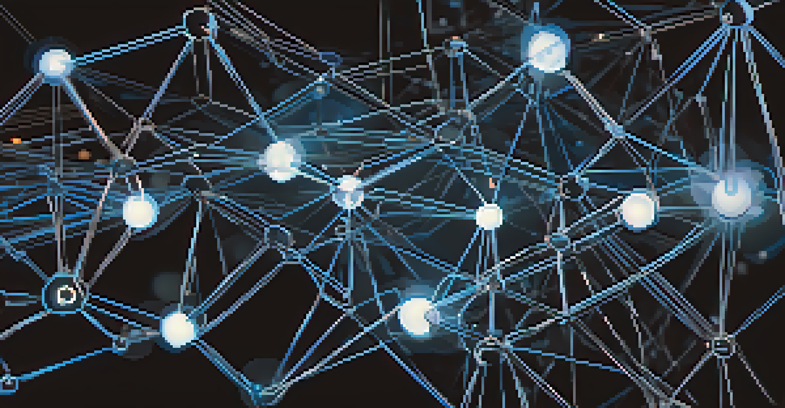 An abstract representation of blockchain technology with interconnected nodes and glowing lines, featuring Bitcoin and Ethereum symbols.