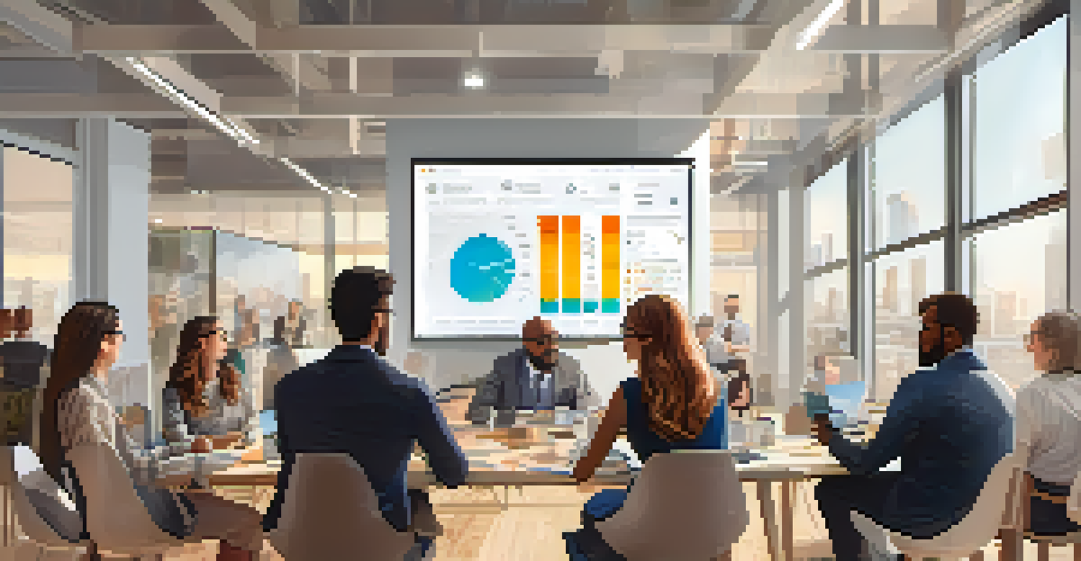 A diverse group discussing Bitcoin in a bright modern office with charts on a laptop screen.