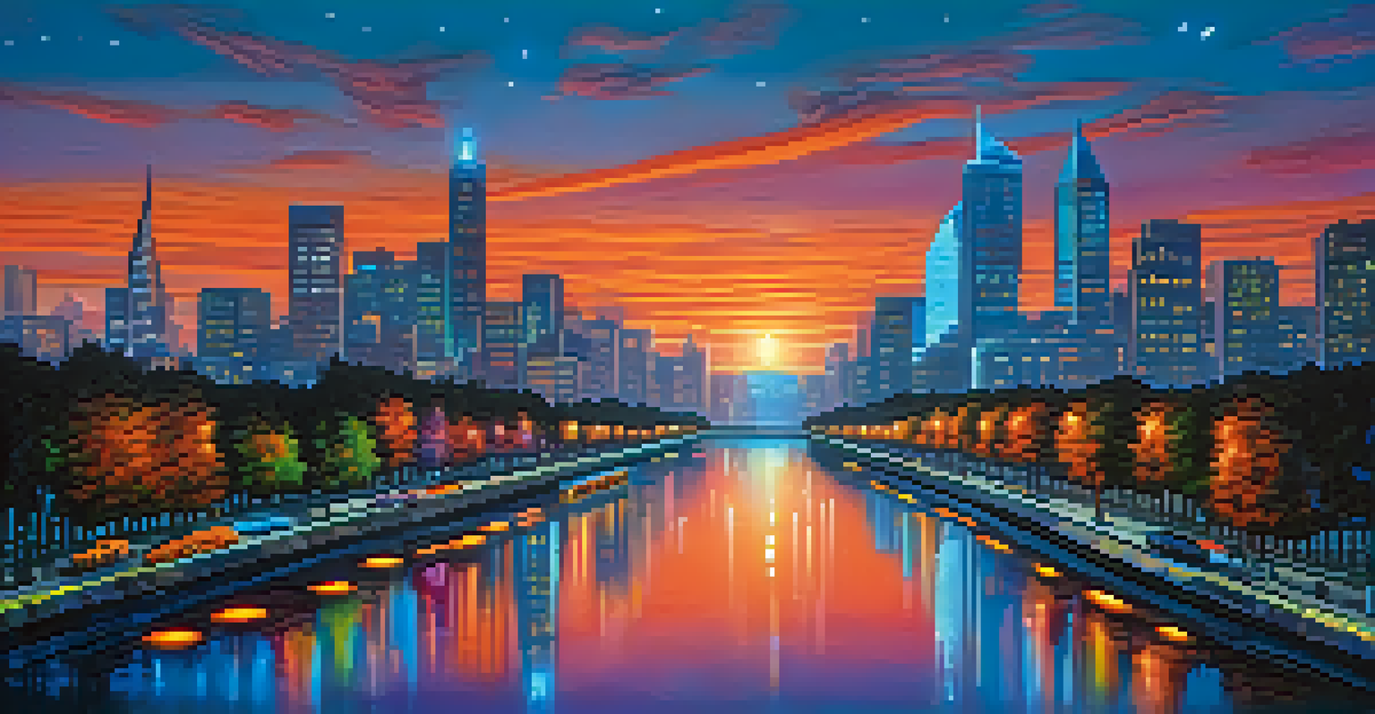 A futuristic city skyline at dusk with neon lights reflecting the Bitcoin logo on glass buildings and a river in the foreground.