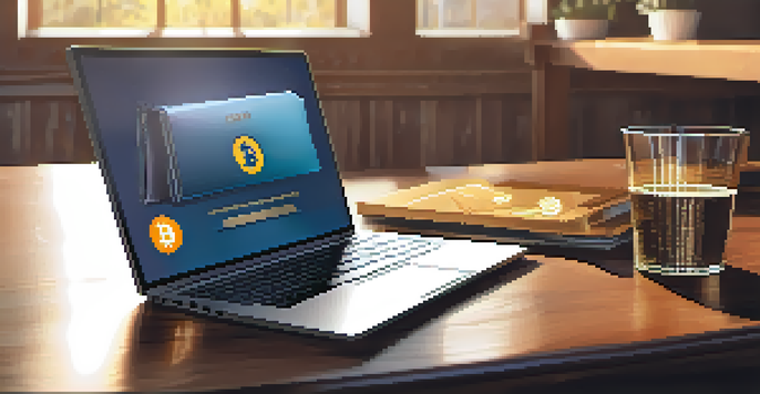 A laptop on a wooden desk showing a digital wallet with Bitcoin symbols, illuminated by soft sunlight.