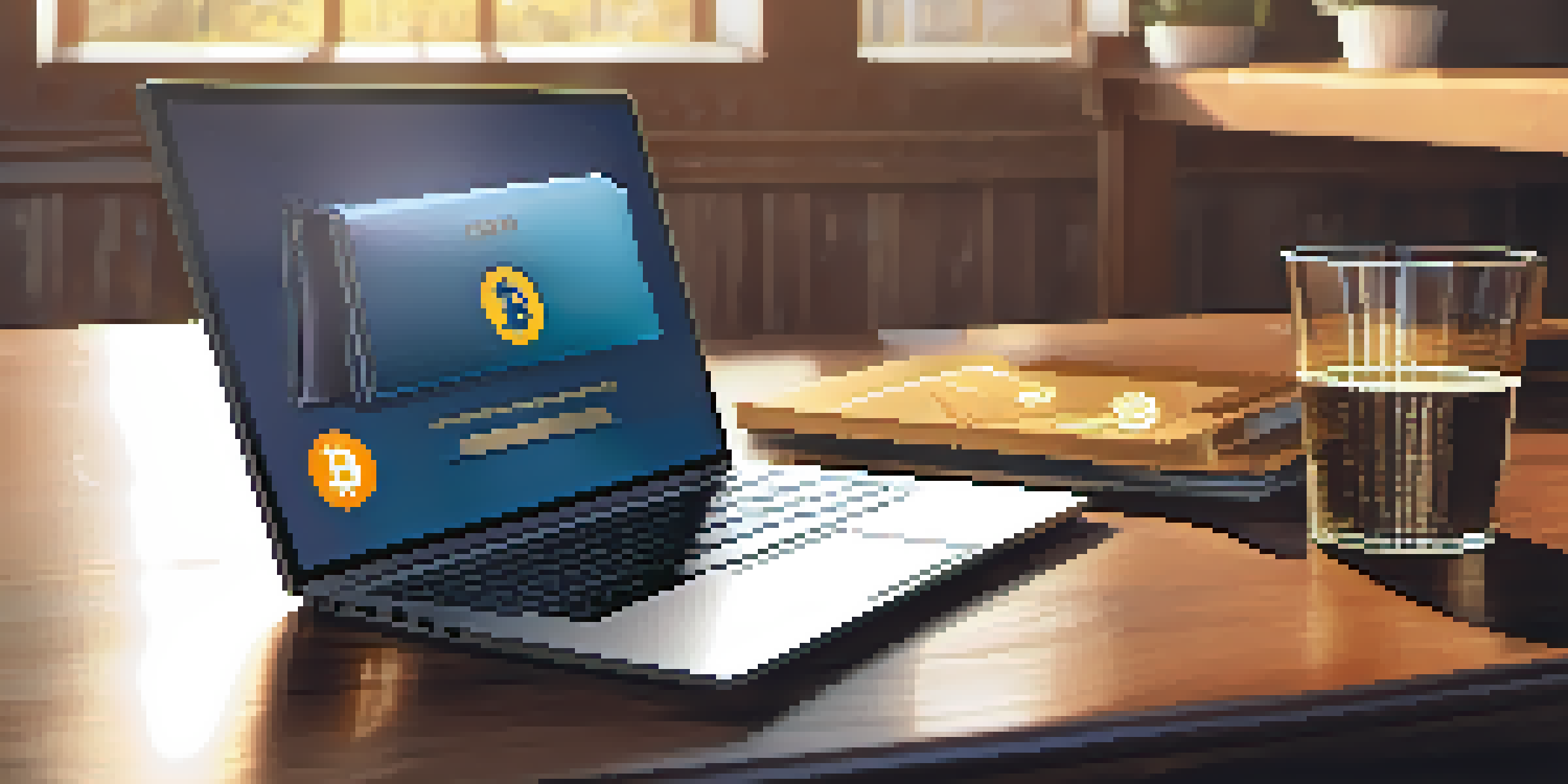 A laptop on a wooden desk showing a digital wallet with Bitcoin symbols, illuminated by soft sunlight.