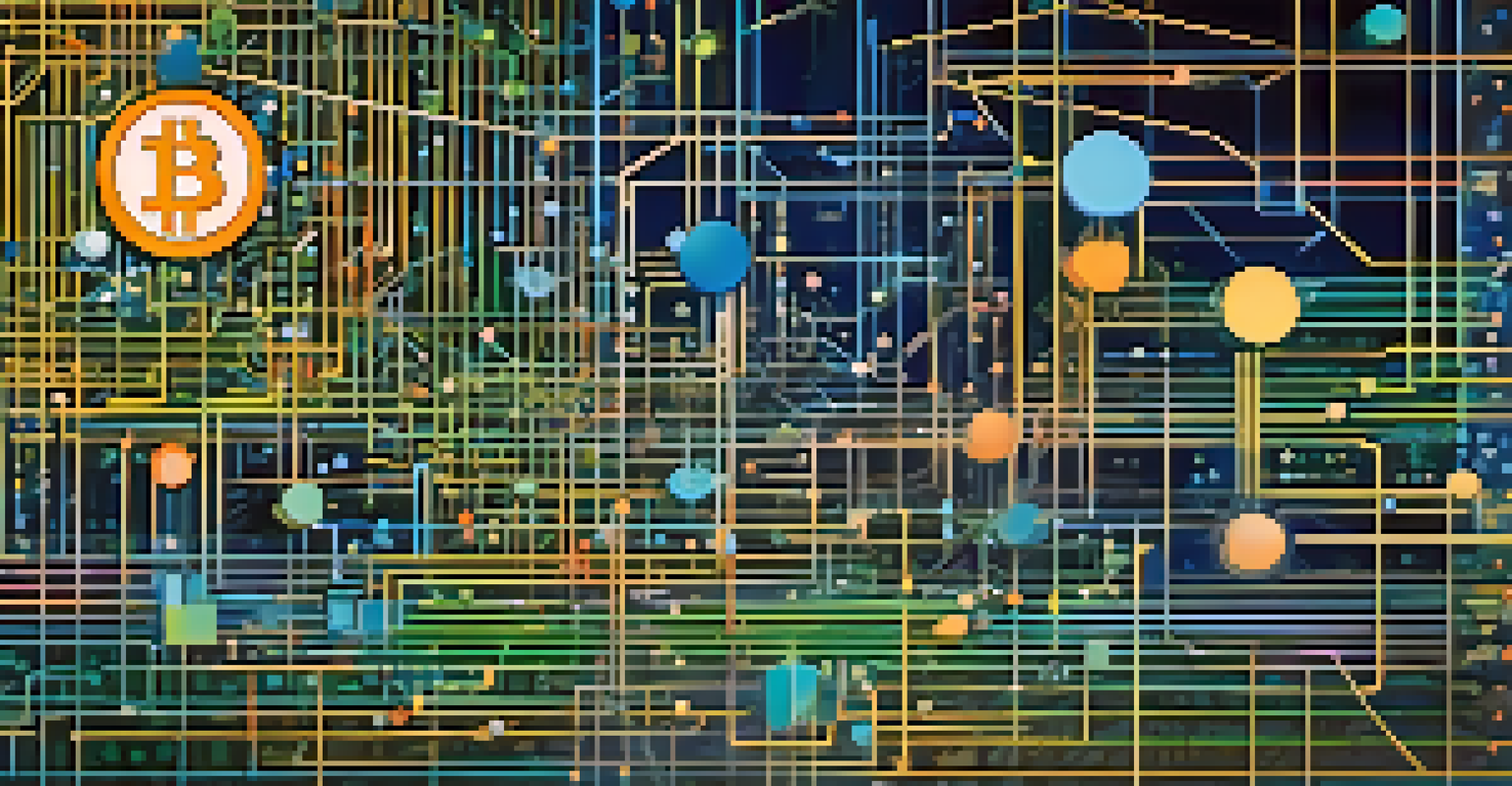 An abstract network of digital connections with Bitcoin symbols and vibrant colors representing decentralized finance.