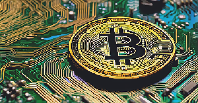A close-up image of a Bitcoin coin on a circuit board background, showcasing the contrast between physical and digital currencies.
