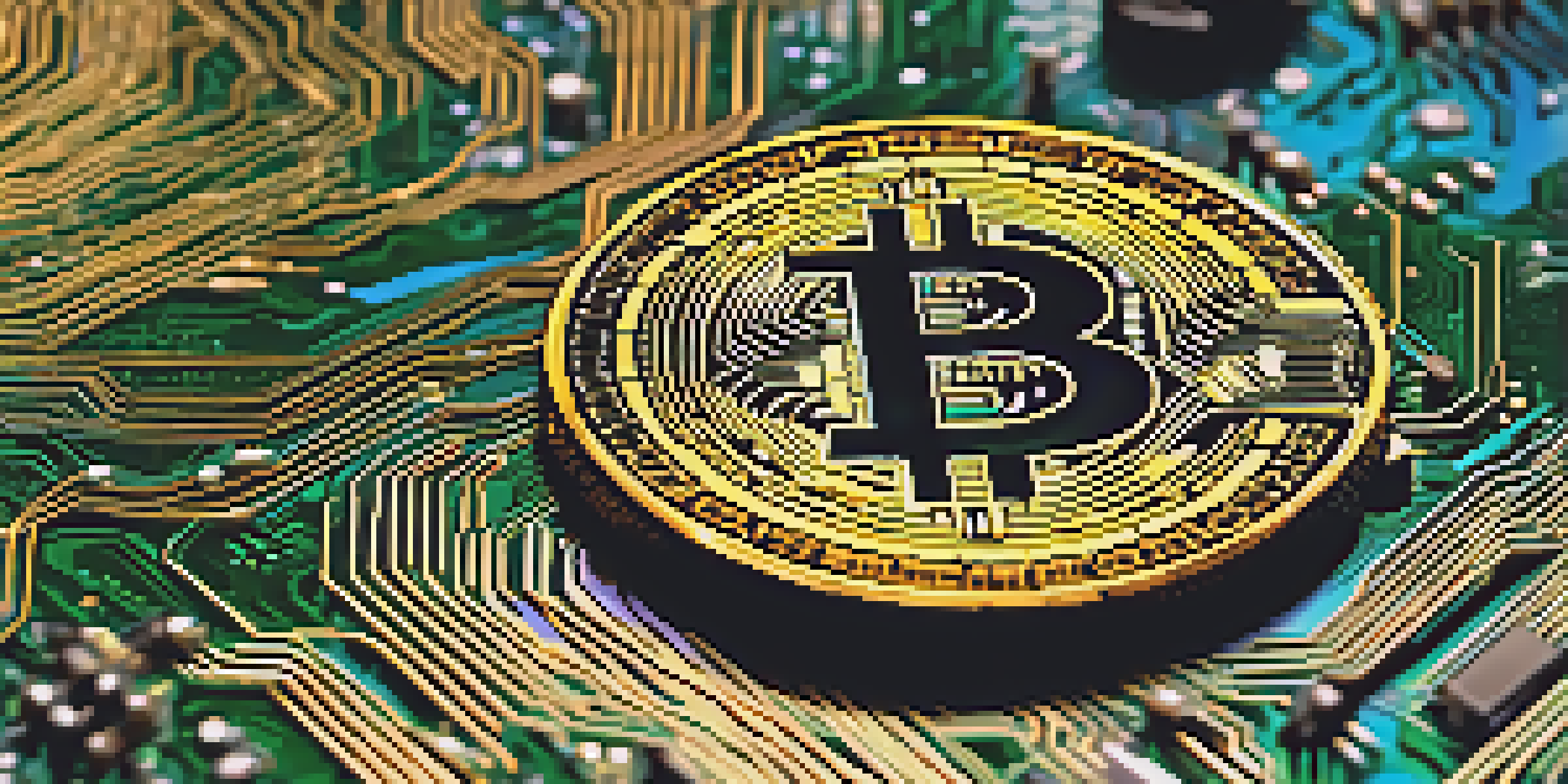 A close-up image of a Bitcoin coin on a circuit board background, showcasing the contrast between physical and digital currencies.